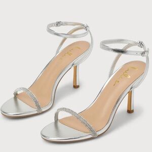 Joycie Silver Metallic Rhinestone Ankle Strap High Heel Sandals